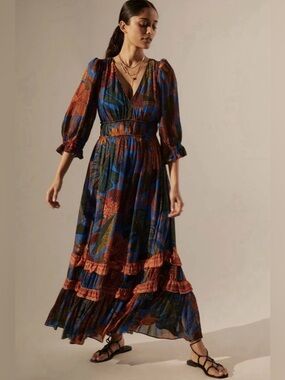 Farm rio smocked waist puff sleeve floral maxi dress Med boho feminine tropical